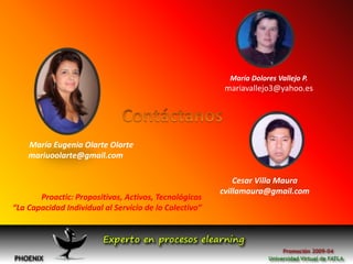 María Dolores Vallejo P.mariavallejo3@yahoo.esContáctanosMaría Eugenia Olarte Olartemariuoolarte@gmail.comCesar Villa Mauracvillamaura@gmail.comProactic: Propositivos, Activos, Tecnológicos“La Capacidad Individual al Servicio de lo Colectivo”