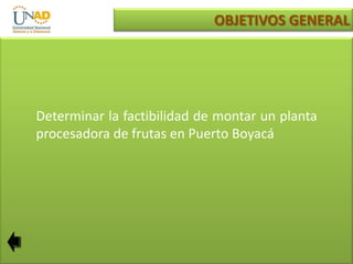OBJETIVOS GENERAL

Determinar la factibilidad de montar un planta
procesadora de frutas en Puerto Boyacá

 