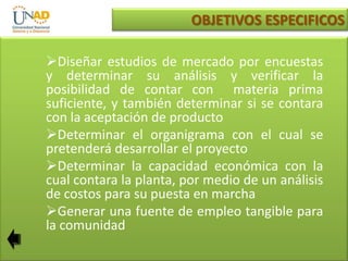OBJETIVOS ESPECIFICOS
Diseñar estudios de mercado por encuestas
y determinar su análisis y verificar la
posibilidad de contar con materia prima
suficiente, y también determinar si se contara
con la aceptación de producto
Determinar el organigrama con el cual se
pretenderá desarrollar el proyecto
Determinar la capacidad económica con la
cual contara la planta, por medio de un análisis
de costos para su puesta en marcha
Generar una fuente de empleo tangible para
la comunidad

 