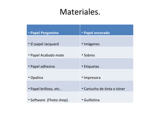 Materiales. Papel Pergamino Papel encerado El papel Jacquard  Imágenes Papel Acabado mate  Sobres Papel adhesivo Etiquetas Opalina Impresora Papel brilloso, etc.. Cartucho de tinta o tóner Software  (Fhoto shop).  Guillotina 