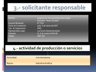 3.- solicitante responsableNombre: 			programa de micro-proyectos de la Unidad     					Educativa “ Nuevo Ecuador”Acuerdo Ministerial:		Nº 3129Fecha de Constitución: 		quito, 5 de marzo del 2007Tipo  de Organización:		ONGRepresentante Legal: 	 	Luz Aurora SiemprentusiastaDirección:			Av. 9 de octubre Nº445-95Telefax:			3267-3334.- actividad de producción o serviciosActividad:		microempresaRama:			Industria Grafica
