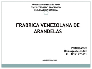 Participante:
Domingo Meléndez
C.I. N°:21275461
CABUDARE, julio 2014
UNIVERSIDAD FERMIN TORO
VICE-RECTORADO ACADEMICO
ESCUELA DE INGENIERIA
 