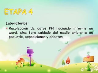 ETAPA 4
Laboratorios:
 Recolección de datos PH haciendo informe en
word, cine foro cuidado del medio ambiente en
pequetic, exposiciones y debates.
 