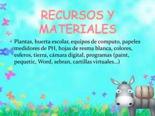 RECURSOS Y
MATERIALES
 Plantas, huerta escolar, equipos de computo, papeles
medidores de PH, hojas de resma blanca, colores,
esferos, tierra, cámara digital, programas (paint,
pequetic, Word, sebran, cartillas virtuales…)
 