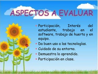 ASPECTOS A EVALUAR
 Participación, Interés del
estudiante, trabajo en el
software, trabajo de huerta y en
equipo.
 Da buen uso a las tecnologías.
 Cuidado de su entorno.
 Demuestra lo aprendido.
 Participación en clase.
 