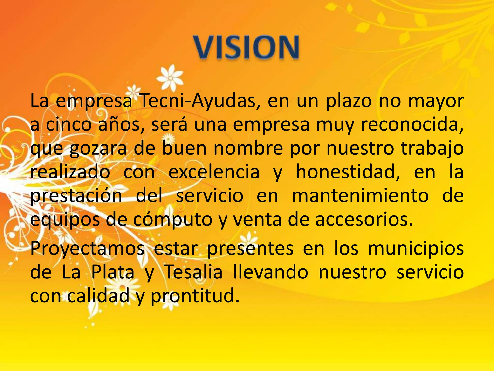 La empresa Tecni-Ayudas, en un plazo no mayor a cinco años, será una empresa muy reconocida, que gozara de buen nombre por nuestro trabajo realizado con excelencia y honestidad, en la prestación del servicio en mantenimiento de equipos de cómputo y venta de accesorios.Proyectamos estar presentes en los municipios de La Plata y Tesalia llevando nuestro servicio con calidad y prontitud.VISION