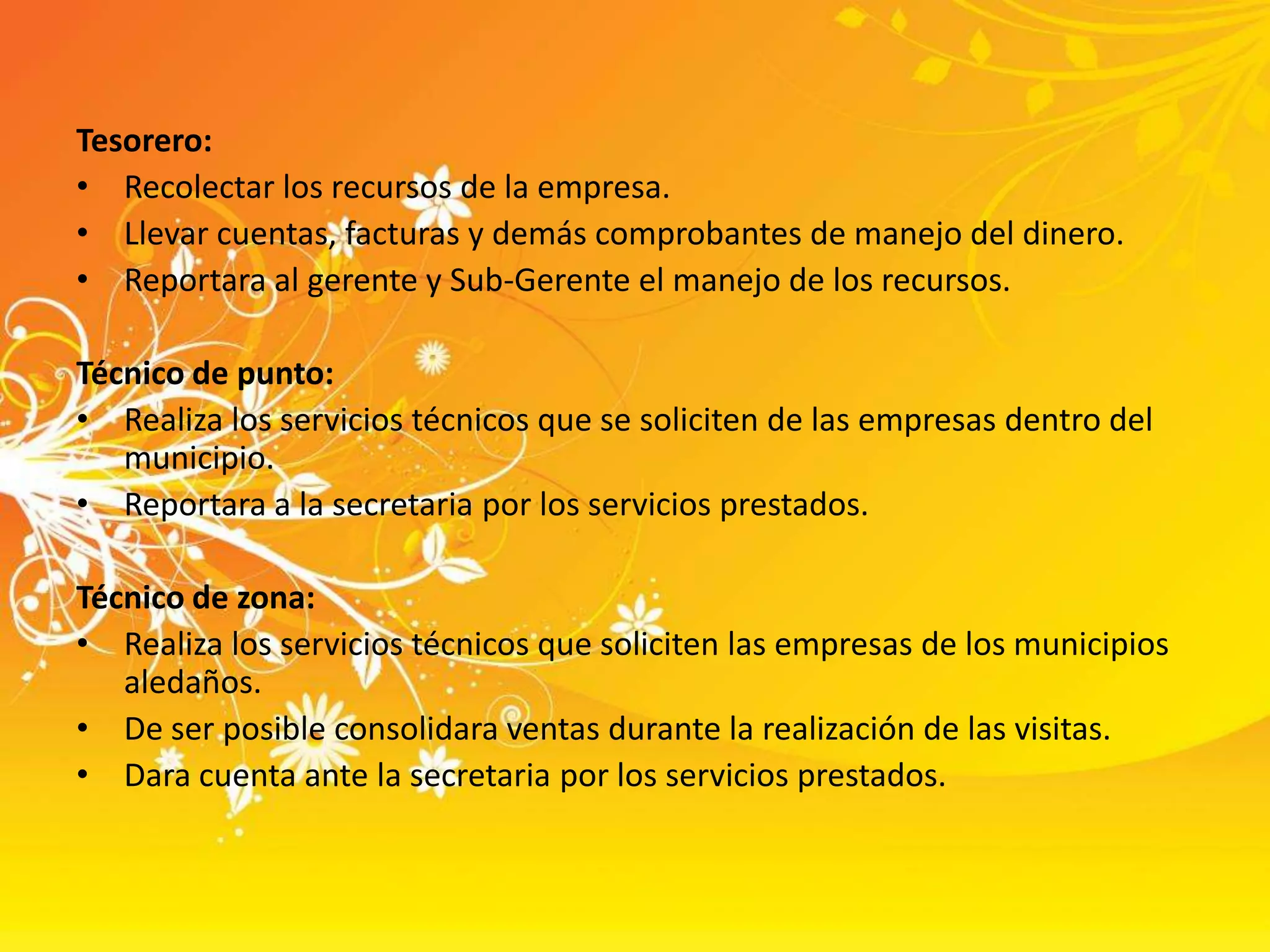 Tesorero:Recolectar los recursos de la empresa.Llevar cuentas, facturas y demás comprobantes de manejo del dinero.Reportara al gerente y Sub-Gerente el manejo de los recursos. Técnico de punto:Realiza los servicios técnicos que se soliciten de las empresas dentro del municipio.Reportara a la secretaria por los servicios prestados. Técnico de zona:Realiza los servicios técnicos que soliciten las empresas de los municipios aledaños.De ser posible consolidara ventas durante la realización de las visitas.Dara cuenta ante la secretaria por los servicios prestados. 