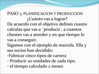 PASO  3: PLANIFICACION Y PRODUCCION ¿Cuánto vas a lograr? De acuerdo con el objetivo defines cuanto calculas que vas a `producir , a cuantos clientes vas a atender y en que tiempo lo vas a conseguir. Sigamos con el ejemplo de marcela. Ella y sus socios han decidido: Fabricar cinco tipos de cartera Producir 20 unidades de cada tipo. el tiempo calculado 2 meses 