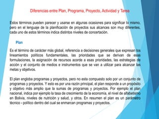 Estos términos pueden parecer y usarse en algunas ocasiones para significar lo mismo,
pero en el lenguaje de la planificación de proyectos sus alcances son muy diferentes,
cada uno de estos términos indica distintos niveles de concertación.
Es el término de carácter más global, referencia a decisiones generales que expresan los
lineamientos políticos fundamentales, las prioridades que se derivan de esas
formulaciones, la asignación de recursos acorde a esas prioridades, las estrategias de
acción y el conjunto de medios e instrumentos que se van a utilizar para alcanzar las
metas y objetivos.
El plan engloba programas y proyectos, pero no esta compuesto solo por un conjunto de
programas y proyectos. Y esto es por una razón principal, el plan responde a un propósito
y objetivo más amplio que la sumas de programas y proyectos. Por ejemplo el plan
nacional, indica por ejemplo la tasa de crecimiento de la economía, el nivel de alfabetismo
en Bolivia, niveles de nutrición y salud, y otros. En resumen el plan es un parámetro
técnico - político dentro del cual se enmarcan programas y proyectos.
Diferencias entre Plan, Programa, Proyecto, Actividad y Tarea
Plan
 