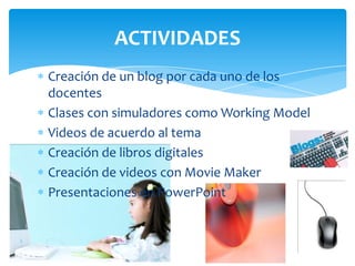 Creación de un blog por cada uno de los docentesClases con simuladores como Working ModelVideos de acuerdo al temaCreación de libros digitalesCreación de videos con Movie MakerPresentaciones en PowerPointACTIVIDADES
