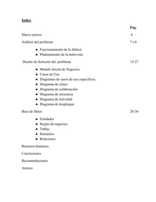 Índice

                                                      Pag.

Marco teórico                                         6

Análisis del problema                                 7-14

          Funcionamiento de la fabrica
          Planteamiento de la entrevista

Diseño de Solución del problema                       15-27

            Modelo Inicial de Negocios
            Casos de Uso
            Diagramas de casos de uso específicos.
            Diagrama de clases
            Diagrama de colaboración
            Diagrama de secuencia
            Diagrama de actividad
            Diagrama de despliegue

Base de Datos                                         28-30

            Entidades
            Reglas de negocios
            Tablas
            Dominios
            Relaciones

Recursos humanos

Conclusiones

Recomendaciones

Anexos
 