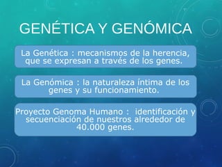 GENÉTICA Y GENÓMICA
La Genética : mecanismos de la herencia,
que se expresan a través de los genes.
La Genómica : la naturaleza íntima de los
genes y su funcionamiento.
Proyecto Genoma Humano : identificación y
secuenciación de nuestros alrededor de
40.000 genes.
 