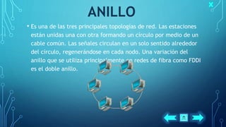 ANILLO
• Es una de las tres principales topologías de red. Las estaciones
están unidas una con otra formando un círculo por medio de un
cable común. Las señales circulan en un solo sentido alrededor
del círculo, regenerándose en cada nodo. Una variación del
anillo que se utiliza principalmente en redes de fibra como FDDI
es el doble anillo.
 