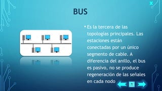 BUS
• Es la tercera de las
topologías principales. Las
estaciones están
conectadas por un único
segmento de cable. A
diferencia del anillo, el bus
es pasivo, no se produce
regeneración de las señales
en cada nodo
 