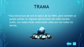 TRAMA
• Esta estructura de red es típica de las WAN, pero también se
puede utilizar en algunas aplicaciones de redes locales
(LAN). Los nodos están conectados cada uno con todos los
demás.
 