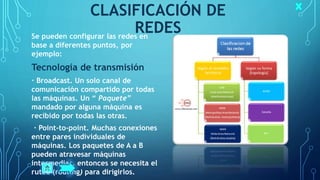 CLASIFICACIÓN DE
REDESSe pueden configurar las redes en
base a diferentes puntos, por
ejemplo:
Tecnología de transmisión
· Broadcast. Un solo canal de
comunicación compartido por todas
las máquinas. Un “ Paquete”
mandado por alguna máquina es
recibido por todas las otras.
· Point-to-point. Muchas conexiones
entre pares individuales de
máquinas. Los paquetes de A a B
pueden atravesar máquinas
intermedias, entonces se necesita el
ruteo (routing) para dirigirlos.
 