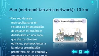 Man (metropolitan area network): 10 km
• Una red de área
metropolitana es un
sistema de interconexión
de equipos informáticos
distribuidos en una zona
que abarca diversos
edificios, pertenecientes a
la misma organización
propietaria de los equipos y
 