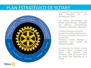 OCT 2013
PLAN ESTRATÉGICO DE ROTARY
Los proyectos de servicio son una
parte importante del plan
estratégico de Rotary.
Los valores fundamentales que
forman parte del plan estratégico
son: [Servicio, Compañerismo,
Diversidad, Integridad y Liderazgo.]
Forjamos relaciones duraderas
Cumplimos nuestros compromisos
Ponemos en contacto a las diversas
perspectivas
Aplicamos nuestro liderazgo y
experiencia para resolver los
problemas sociales
Los proyectos de servicio no sólo
ayudan a atraer y mantener a los
socios, sino también crear
conciencia sobre las buenas obras
que Rotary está realizando en el
mundo
 