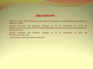 BIBLIOGRAFÍA
 Cañón S, Henry. (2011). Modulo Curso diseño de Proyectos. Universidad Nacional Abierta y a
  Distancia, UNAD.
 Estudio financiero del Proyecto. Extraído el 10 de Noviembre de 2012 de:
  http://cmap.upb.edu.co/rid=1237317157205_456078024_2042/Tema5.EstudioFinancieroResum
  enElementos.pdf
 Estudio financiero del Proyecto. Extraído el 12 de Noviembre de 2012 de:
  http://emprendedor.unite
 c.edu/pnegocios/Estudio%20Financiero.htm
 