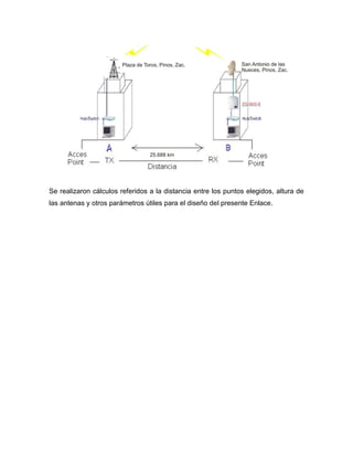 Se realizaron cálculos referidos a la distancia entre los puntos elegidos, altura de
las antenas y otros parámetros útiles para el diseño del presente Enlace.
 