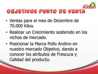 Objetivos Punto de VentaVentas para el mes de Diciembre de 70.000 Kilos.Realizar un Crecimiento sostenido en los nichos de mercado.Posicionar la Marca Pollo Andino en nuestro mercado Objetivo, dando a conocer los atributos de Frescura y Calidad del producto.