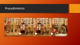Procedimiento
Numera los
vasos del 1 al 3
Vierte el agua,
el vinagre y el
agua salada
respectivamen
te.
Humedece una
fibra con agua
y colócala en
le fondo.
Coloca el vaso
invertido,
espera unas
horas y
observa.
 
