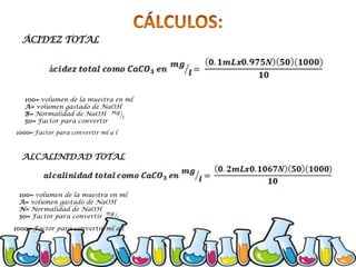 ÁCIDEZ TOTAL

100= volumen de la muestra en ml
A= volumen gastado de NaOH
B= Normalidad de NaOH
50= Factor para convertir
1000= Factor para convertir ml a l

ALCALINIDAD TOTAL

100= volumen de la muestra en ml
A= volumen gastado de NaOH
N= Normalidad de NaOH
50= Factor para convertir
1000= Factor para convertir ml a l

 