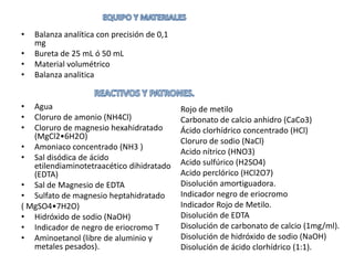 •
•
•
•
•
•
•

Balanza analítica con precisión de 0,1
mg
Bureta de 25 mL ó 50 mL
Material volumétrico
Balanza analitica

Agua
Cloruro de amonio (NH4Cl)
Cloruro de magnesio hexahidratado
(MgCl2•6H2O)
• Amoniaco concentrado (NH3 )
• Sal disódica de ácido
etilendiaminotetraacético dihidratado
(EDTA)
• Sal de Magnesio de EDTA
• Sulfato de magnesio heptahidratado
( MgSO4•7H2O)
• Hidróxido de sodio (NaOH)
• Indicador de negro de eriocromo T
• Aminoetanol (libre de aluminio y
metales pesados).

Rojo de metilo
Carbonato de calcio anhidro (CaCo3)
Ácido clorhídrico concentrado (HCl)
Cloruro de sodio (NaCl)
Acido nítrico (HNO3)
Acido sulfúrico (H2SO4)
Acido perclórico (HCl2O7)
Disolución amortiguadora.
Indicador negro de eriocromo
Indicador Rojo de Metilo.
Disolución de EDTA
Disolución de carbonato de calcio (1mg/ml).
Disolución de hidróxido de sodio (NaOH)
Disolución de ácido clorhídrico (1:1).

 