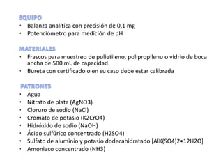 • Balanza analítica con precisión de 0,1 mg
• Potenciómetro para medición de pH
• Frascos para muestreo de polietileno, polipropileno o vidrio de boca
ancha de 500 mL de capacidad.
• Bureta con certificado o en su caso debe estar calibrada
•
•
•
•
•
•
•
•

Agua
Nitrato de plata (AgNO3)
Cloruro de sodio (NaCl)
Cromato de potasio (K2CrO4)
Hidróxido de sodio (NaOH)
Ácido sulfúrico concentrado (H2SO4)
Sulfato de aluminio y potasio dodecahidratado [AlK(SO4)2•12H2O]
Amoniaco concentrado (NH3)

 