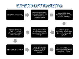 DIGESTIÓN CON NaHCO3

Tomar 50 mL de muestra
clarificada (filtrando si es
necesario) en una
cápsula de platino

Agregar 200 mg de
NaHCO3 y digerir en baño
de vapor por 1 hora

Agregar 200 mg de
NaHCO3 + 2 mL de
Solución de H2SO4 1 N y
aforar con agua

Enseguida transferir
cuantitativamente a
tubos Nessler* y aforar
con agua

Enfriar y agregar
lentamente con agitación
2.4 mL de Solución de
H2SO4 1N

DESARROLLO DE COLOR

Tomar las muestras
preparadas y agregar
sucesivamente lo
siguiente

10 mL de HCl 1:1 y 2 mL
de reactivo de Molibdato
de Amonio y mezclar

 