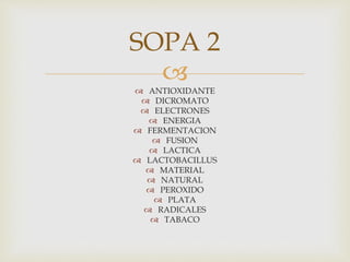 
 ANTIOXIDANTE
 DICROMATO
 ELECTRONES
 ENERGIA
 FERMENTACION
 FUSION
 LACTICA
 LACTOBACILLUS
 MATERIAL
 NATURAL
 PEROXIDO
 PLATA
 RADICALES
 TABACO
SOPA 2
 