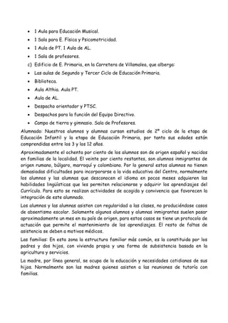  1 Aula para Educación Musical.
 1 Sala para E. Física y Psicomotricidad.
 1 Aula de PT. 1 Aula de AL.
 1 Sala de profesores.
c) Edificio de E. Primaria, en la Carretera de Villamalea, que alberga:
 Las aulas de Segundo y Tercer Ciclo de Educación Primaria.
 Biblioteca.
 Aula Althia. Aula PT.
 Aula de AL.
 Despacho orientador y PTSC.
 Despachos para la función del Equipo Directivo.
 Campo de tierra y gimnasio. Sala de Profesores.
Alumnado: Nuestros alumnos y alumnas cursan estudios de 2º ciclo de la etapa de
Educación Infantil y la etapa de Educación Primaria, por tanto sus edades están
comprendidas entre los 3 y los 12 años.
Aproximadamente el ochenta por ciento de los alumnos son de origen español y nacidos
en familias de la localidad. El veinte por ciento restantes, son alumnos inmigrantes de
origen rumano, búlgaro, marroquí y colombiano. Por lo general estos alumnos no tienen
demasiadas dificultades para incorporarse a la vida educativa del Centro, normalmente
los alumnos y las alumnas que desconocen el idioma en pocos meses adquieren las
habilidades lingüísticas que les permiten relacionarse y adquirir los aprendizajes del
Currículo. Para esto se realizan actividades de acogida y convivencia que favorecen la
integración de este alumnado.
Los alumnos y las alumnas asisten con regularidad a las clases, no produciéndose casos
de absentismo escolar. Solamente algunos alumnos y alumnas inmigrantes suelen pasar
aproximadamente un mes en su país de origen, para estos casos se tiene un protocolo de
actuación que permite el mantenimiento de los aprendizajes. El resto de faltas de
asistencia se deben a motivos médicos.
Las familias: En esta zona la estructura familiar más común, es la constituida por los
padres y dos hijos, con vivienda propia y una forma de subsistencia basada en la
agricultura y servicios.
La madre, por línea general, se ocupa de la educación y necesidades cotidianas de sus
hijos. Normalmente son las madres quienes asisten a las reuniones de tutoría con
familias.
 