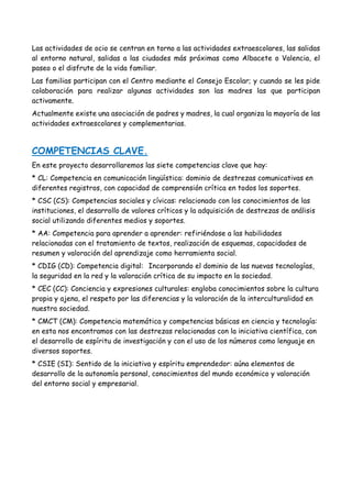Las actividades de ocio se centran en torno a las actividades extraescolares, las salidas
al entorno natural, salidas a las ciudades más próximas como Albacete o Valencia, el
paseo o el disfrute de la vida familiar.
Las familias participan con el Centro mediante el Consejo Escolar; y cuando se les pide
colaboración para realizar algunas actividades son las madres las que participan
activamente.
Actualmente existe una asociación de padres y madres, la cual organiza la mayoría de las
actividades extraescolares y complementarias.
COMPETENCIAS CLAVE.
En este proyecto desarrollaremos las siete competencias clave que hay:
* CL: Competencia en comunicación lingüística: dominio de destrezas comunicativas en
diferentes registros, con capacidad de comprensión crítica en todos los soportes.
* CSC (CS): Competencias sociales y cívicas: relacionado con los conocimientos de las
instituciones, el desarrollo de valores críticos y la adquisición de destrezas de análisis
social utilizando diferentes medios y soportes.
* AA: Competencia para aprender a aprender: refiriéndose a las habilidades
relacionadas con el tratamiento de textos, realización de esquemas, capacidades de
resumen y valoración del aprendizaje como herramienta social.
* CDIG (CD): Competencia digital: Incorporando el dominio de las nuevas tecnologías,
la seguridad en la red y la valoración crítica de su impacto en la sociedad.
* CEC (CC): Conciencia y expresiones culturales: engloba conocimientos sobre la cultura
propia y ajena, el respeto por las diferencias y la valoración de la interculturalidad en
nuestra sociedad.
* CMCT (CM): Competencia matemática y competencias básicas en ciencia y tecnología:
en esta nos encontramos con las destrezas relacionadas con la iniciativa científica, con
el desarrollo de espíritu de investigación y con el uso de los números como lenguaje en
diversos soportes.
* CSIE (SI): Sentido de la iniciativa y espíritu emprendedor: aúna elementos de
desarrollo de la autonomía personal, conocimientos del mundo económico y valoración
del entorno social y empresarial.
 