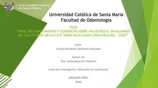 TESIS
“NIVEL DE CONOCIMIENTO Y CONDUCTA SOBRE SALUD BUCAL EN ALUMNOS
DE 12 A 17 AÑOS DE LA I.E.P. GRAN PACIFICADOR LINUS PAULING – 2020”
Autor
Grecia Elizabeth Quiñones Gonzales
Asesor (a)
Dra. Zaida Moya de Calderón
Linea de investigación: Educación en saud bucal
AREQUIPA-PERÚ
2020
Universidad Católica de Santa Maria
Facultad de Odontologia
 