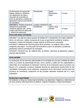 Conformación de grupos de
trabajo colectivo y dinámico
con asignación de roles y
discusión de la temática a
partir de ejemplos y problemas
planteados sobre la asimilación
de conceptos
Estudiantes Papel.
Marcadores,
hojas
2 horas
Actividad 3: Realiza exámenes y juegos mediante la web
Aplicamos lo aprendido
mediante páginas web donde
existen ejercicios de aplicación
y diseño de exámenes
Estudiantes Interne, blog,
sofware 2 horas
Desarrollo delas actividades
Actividad 1: en esta se crearan grupos de trabajo de 5 estudiantes, los cuales utilizaran
libros y la web para realizar búsqueda de lo que es geometría euclidiana, ángulos,
triángulos y clases de triángulos y luego explicar la información consultada
Actividad 2: utilizando los mismos grupos de la actividad 1 se asignan roles a cada
integrante para lograr una discusión de la temática a partir de ejemplos y problemas
planteados sobre la asimilación de conceptos.
Actividad 3: haciendo uso de páginas web se realizan ejercicios de aplicación, juegos y
examen dela temática.
EVALUACIÓN
La evaluación de los alumnos está basada en la recogida de una gran cantidad de datos
sobre su proceso de aprendizaje del que, como cuando y cuáles son las capacidades a
desarrollar en el estudiante la valoración continua de la evaluación para el proceso nos
llevara a la evaluación sumativa mediante factores de observación directa tanto en las
actividades individuales como colectivas, recolección de la información escrita sobre los
procesos de enseñanza, evaluación de las pruebas realizada mediante las tic y auto
evaluación.
Evidencias d aprendizaje:
Se realizara un blog que recoja toda la temática y se plasmaran imágenes y relaciones de
de otros autores sobre geometría euclidiana, ángulos triángulos y clases de triángulos
 