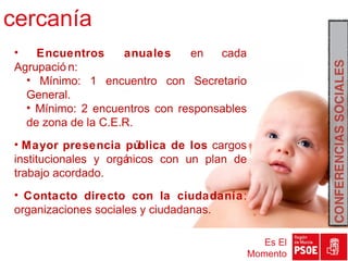 cercanía
•   Encuentros      anuales    en   cada
Agrupació n:
  • Mínimo: 1 encuentro con Secretario
  General.
  • Mínimo: 2 encuentros con responsables
  de zona de la C.E.R.
• Mayor presencia pública de los cargos
institucionales y orgánicos con un plan de
trabajo acordado.
• Contacto directo con la ciudadanía:
organizaciones sociales y ciudadanas.

                                                Es El
                                             Momento
 