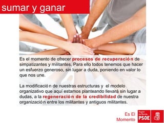 sumar y ganar



   Es el momento de ofrecer procesos de recuperació n de
   simpatizantes y militantes. Para ello todos tenemos que hacer
   un esfuerzo generoso, sin lugar a duda, poniendo en valor lo
   que nos une.

   La modificació n de nuestras estructuras y el modelo
   organizativo que aquí estamos planteando llevará sin lugar a
                                                       ,
   dudas, a la regeneració n de la credibilidad de nuestra
   organizació n entre los militantes y antiguos militantes.

                                                      Es El
                                                   Momento
 