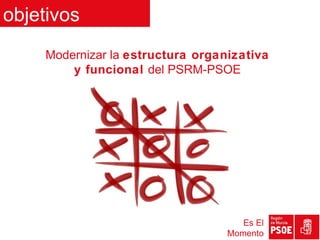 objetivos
    Modernizar la estructura organizativa
        y funcional del PSRM-PSOE




                                     Es El
                                  Momento
 