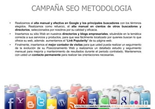 CAMPAÑA SEO METODOLOGIA
•   Realizamos el alta manual y efectiva en Google y los principales buscadores con los términos
 ...