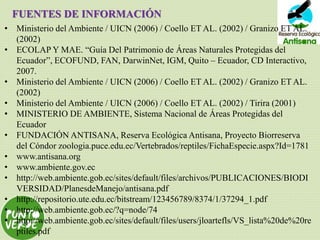 • Ministerio del Ambiente / UICN (2006) / Coello ET AL. (2002) / Granizo ET AL.
(2002)
• ECOLAP Y MAE. “Guía Del Patrimonio de Áreas Naturales Protegidas del
Ecuador”, ECOFUND, FAN, DarwinNet, IGM, Quito – Ecuador, CD Interactivo,
2007.
• Ministerio del Ambiente / UICN (2006) / Coello ET AL. (2002) / Granizo ET AL.
(2002)
• Ministerio del Ambiente / UICN (2006) / Coello ET AL. (2002) / Tirira (2001)
• MINISTERIO DE AMBIENTE, Sistema Nacional de Áreas Protegidas del
Ecuador
• FUNDACIÓN ANTISANA, Reserva Ecológica Antisana, Proyecto Biorreserva
del Cóndor zoologia.puce.edu.ec/Vertebrados/reptiles/FichaEspecie.aspx?Id=1781
• www.antisana.org
• www.ambiente.gov.ec
• http://web.ambiente.gob.ec/sites/default/files/archivos/PUBLICACIONES/BIODI
VERSIDAD/PlanesdeManejo/antisana.pdf
• http://repositorio.ute.edu.ec/bitstream/123456789/8374/1/37294_1.pdf
• http://web.ambiente.gob.ec/?q=node/74
• http://web.ambiente.gob.ec/sites/default/files/users/jloartefls/VS_lista%20de%20re
ptiles.pdf
FUENTES DE INFORMACIÓN
 