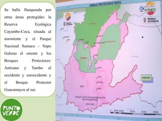Se halla flanqueada por
otras áreas protegidas: la
Reserva Ecológica
Cayambe-Coca, situada al
nororiente y el Parque
Nacional Sumaco - Napo
Galeras al oriente y los
Bosques Protectores:
Antisana y Tambo al
occidente y suroccidente y
el Bosque Protector
Guacamayos al sur.
 