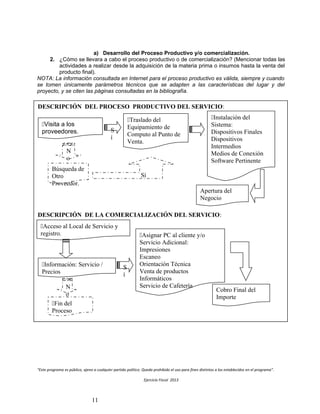 a) Desarrollo del Proceso Productivo y/o comercialización.
2. ¿Cómo se llevara a cabo el proceso productivo o de comercialización? (Mencionar todas las
actividades a realizar desde la adquisición de la materia prima o insumos hasta la venta del
producto final).
NOTA: La información consultada en Internet para el proceso productivo es válida, siempre y cuando
se tomen únicamente parámetros técnicos que se adapten a las características del lugar y del
proyecto, y se citen las páginas consultadas en la bibliografía.
“Este programa es público, ajeno a cualquier partido político. Queda prohibido el uso para fines distintos a los establecidos en el programa”.
Ejercicio Fiscal 2013
11
DESCRIPCIÓN DEL PROCESO PRODUCTIVO DEL SERVICIO:
DESCRIPCIÓN DE LA COMERCIALIZACIÓN DEL SERVICIO:
Visita a los
proveedores. S
í
Traslado del
Equipamiento de
Computo al Punto de
Venta.
N
o
Búsqueda de
Otro
Proveedor.
Sí
Instalación del
Sistema:
Dispositivos Finales
Dispositivos
Intermedios
Medios de Conexión
Software Pertinente
Apertura del
Negocio
Acceso al Local de Servicio y
registro.
Información: Servicio /
Precios
N
o
Fin del
Proceso
S
í
Asignar PC al cliente y/o
Servicio Adicional:
Impresiones
Escaneo
Orientación Técnica
Venta de productos
Informáticos
Servicio de Cafetería
Cobro Final del
Importe
 