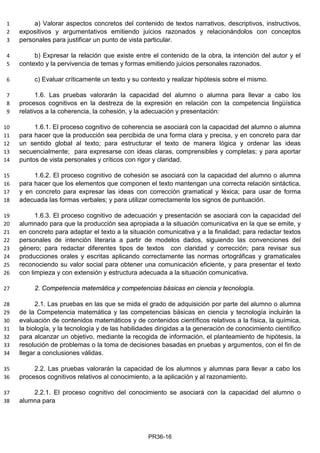 a) Valorar aspectos concretos del contenido de textos narrativos, descriptivos, instructivos,1
expositivos y argumentativos emitiendo juicios razonados y relacionándolos con conceptos2
personales para justificar un punto de vista particular.3
b) Expresar la relación que existe entre el contenido de la obra, la intención del autor y el4
contexto y la pervivencia de temas y formas emitiendo juicios personales razonados.5
c) Evaluar críticamente un texto y su contexto y realizar hipótesis sobre el mismo.6
1.6. Las pruebas valorarán la capacidad del alumno o alumna para llevar a cabo los7
procesos cognitivos en la destreza de la expresión en relación con la competencia lingüística8
relativos a la coherencia, la cohesión, y la adecuación y presentación:9
1.6.1. El proceso cognitivo de coherencia se asociará con la capacidad del alumno o alumna10
para hacer que la producción sea percibida de una forma clara y precisa, y en concreto para dar11
un sentido global al texto; para estructurar el texto de manera lógica y ordenar las ideas12
secuencialmente; para expresarse con ideas claras, comprensibles y completas; y para aportar13
puntos de vista personales y críticos con rigor y claridad.14
1.6.2. El proceso cognitivo de cohesión se asociará con la capacidad del alumno o alumna15
para hacer que los elementos que componen el texto mantengan una correcta relación sintáctica,16
y en concreto para expresar las ideas con corrección gramatical y léxica; para usar de forma17
adecuada las formas verbales; y para utilizar correctamente los signos de puntuación.18
1.6.3. El proceso cognitivo de adecuación y presentación se asociará con la capacidad del19
alumnado para que la producción sea apropiada a la situación comunicativa en la que se emite, y20
en concreto para adaptar el texto a la situación comunicativa y a la finalidad; para redactar textos21
personales de intención literaria a partir de modelos dados, siguiendo las convenciones del22
género; para redactar diferentes tipos de textos con claridad y corrección; para revisar sus23
producciones orales y escritas aplicando correctamente las normas ortográficas y gramaticales24
reconociendo su valor social para obtener una comunicación eficiente, y para presentar el texto25
con limpieza y con extensión y estructura adecuada a la situación comunicativa.26
2. Competencia matemática y competencias básicas en ciencia y tecnología.27
2.1. Las pruebas en las que se mida el grado de adquisición por parte del alumno o alumna28
de la Competencia matemática y las competencias básicas en ciencia y tecnología incluirán la29
evaluación de contenidos matemáticos y de contenidos científicos relativos a la física, la química,30
la biología, y la tecnología y de las habilidades dirigidas a la generación de conocimiento científico31
para alcanzar un objetivo, mediante la recogida de información, el planteamiento de hipótesis, la32
resolución de problemas o la toma de decisiones basadas en pruebas y argumentos, con el fin de33
llegar a conclusiones válidas.34
2.2. Las pruebas valorarán la capacidad de los alumnos y alumnas para llevar a cabo los35
procesos cognitivos relativos al conocimiento, a la aplicación y al razonamiento.36
2.2.1. El proceso cognitivo del conocimiento se asociará con la capacidad del alumno o37
alumna para38
PR36-16
 