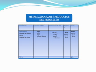 METAS A ALCANZAR Y PRODUCTOS                  DEL PREOYECTO