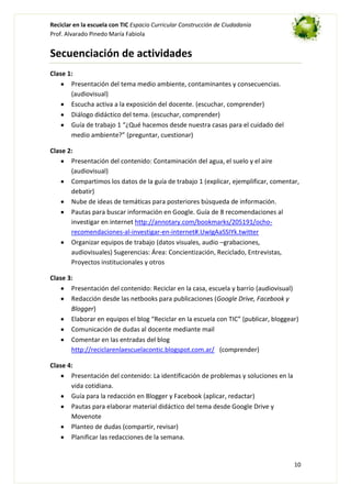 Reciclar en la escuela con TIC Espacio Curricular Construcción de Ciudadanía
Prof. Alvarado Pinedo María Fabiola

Secuenciación de actividades
Clase 1:
Presentación del tema medio ambiente, contaminantes y consecuencias.
(audiovisual)
Escucha activa a la exposición del docente. (escuchar, comprender)
Diálogo didáctico del tema. (escuchar, comprender)
Guía de trabajo 1 “¿Qué hacemos desde nuestra casas para el cuidado del
medio ambiente?” (preguntar, cuestionar)
Clase 2:
Presentación del contenido: Contaminación del agua, el suelo y el aire
(audiovisual)
Compartimos los datos de la guía de trabajo 1 (explicar, ejemplificar, comentar,
debatir)
Nube de ideas de temáticas para posteriores búsqueda de información.
Pautas para buscar información en Google. Guía de 8 recomendaciones al
investigar en internet http://annotary.com/bookmarks/205191/ochorecomendaciones-al-investigar-en-internet#.UwIgAaSSIYk.twitter
Organizar equipos de trabajo (datos visuales, audio –grabaciones,
audiovisuales) Sugerencias: Área: Concientización, Reciclado, Entrevistas,
Proyectos institucionales y otros
Clase 3:
Presentación del contenido: Reciclar en la casa, escuela y barrio (audiovisual)
Redacción desde las netbooks para publicaciones (Google Drive, Facebook y
Blogger)
Elaborar en equipos el blog “Reciclar en la escuela con TIC” (publicar, bloggear)
Comunicación de dudas al docente mediante mail
Comentar en las entradas del blog
http://reciclarenlaescuelacontic.blogspot.com.ar/ (comprender)
Clase 4:
Presentación del contenido: La identificación de problemas y soluciones en la
vida cotidiana.
Guía para la redacción en Blogger y Facebook (aplicar, redactar)
Pautas para elaborar material didáctico del tema desde Google Drive y
Movenote
Planteo de dudas (compartir, revisar)
Planificar las redacciones de la semana.

10

 