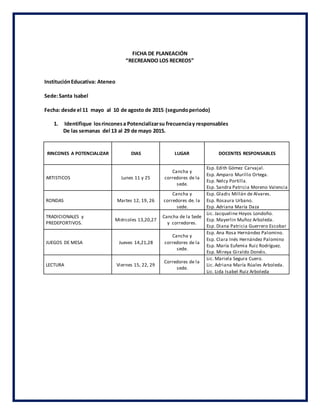 FICHA DE PLANEACIÓN
“RECREANDO LOS RECREOS”
InstituciónEducativa: Ateneo
Sede:Santa Isabel
Fecha: desde el 11 mayo al 10 de agosto de 2015 (segundoperiodo)
1. Identifique losrinconesa Potencializarsu frecuenciay responsables
De las semanas del 13 al 29 de mayo 2015.
RINCONES A POTENCIALIZAR DIAS LUGAR DOCENTES RESPONSABLES
ARTISTICOS Lunes 11 y 25
Cancha y
corredores de la
sede.
Esp. Edith Gómez Carvajal.
Esp. Amparo Murillo Ortega.
Esp. Nelcy Portilla.
Esp. Sandra Patricia Moreno Valencia
RONDAS Martes 12, 19, 26
Cancha y
corredores de. la
sede.
Esp. Gladis Millán de Alvares.
Esp. Rosaura Urbano.
Esp. Adriana María Daza
TRADICIONALES y
PREDEPORTIVOS.
Miércoles 13,20,27
Cancha de la Sede
y corredores.
Lic. Jacqueline Hoyos Londoño.
Esp. Mayerlin Muñoz Arboleda.
Esp. Diana Patricia Guerrero Escobar
JUEGOS DE MESA Jueves 14,21,28
Cancha y
corredores de la
sede.
Esp. Ana Rosa Hernández Palomino.
Esp. Clara Inés Hernández Palomino
Esp. María Eufemia Ruiz Rodríguez.
Esp. Mireya Giraldo Donéis.
LECTURA Viernes 15, 22, 29
Corredores de la
sede.
Lic. Mariela Segura Cuero.
Lic. Adriana María Rúales Arboleda.
Lic. Lida Isabel Ruiz Arboleda
 
