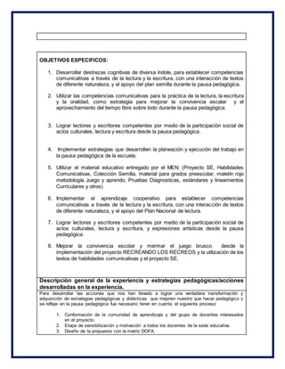 OBJETIVOS ESPECIFICOS:
1. Desarrollar destrezas cognitivas de diversa índole, para establecer competencias
comunicativas a través de la lectura y la escritura, con una interacción de textos
de diferente naturaleza, y el apoyo del plan semilla durante la pausa pedagógica.
2. Utilizar las competencias comunicativas para la práctica de la lectura, la escritura
y la oralidad, como estrategia para mejorar la convivencia escalar y el
aprovechamiento del tiempo libre sobre todo durante la pausa pedagógica.
3. Lograr lectores y escritores competentes por medio de la participación social de
actos culturales, lectura y escritura desde la pausa pedagógica.
4. Implementar estrategias que desarrollen la planeación y ejecución del trabajo en
la pausa pedagógica de la escuela.
5. Utilizar el material educativo entregado por el MEN; (Proyecto SE, Habilidades
Comunicativas, Colección Semilla, material para grados preescolar, maletín rojo
metodología Juego y aprendo, Pruebas Diagnosticas, estándares y lineamientos
Curriculares y otros)
6. Implementar el aprendizaje cooperativo para establecer competencias
comunicativas a través de la lectura y la escritura, con una interacción de textos
de diferente naturaleza, y el apoyo del Plan Nacional de lectura.
7. Lograr lectores y escritores competentes por medio de la participación social de
actos culturales, lectura y escritura, y expresiones artísticas desde la pausa
pedagógica.
8. Mejorar la convivencia escolar y mermar el juego brusco desde la
implementación del proyecto RECREANDO LOS RECREOS y la utilización de los
textos de habilidades comunicativas y el proyecto SE.
Descripción general de la experiencia y estrategias pedagógicas/acciones
desarrolladas en la experiencia.
Para desarrollar las acciones que nos han llevado a lograr una verdadera transformación y
adquisición de estrategias pedagógicas y didácticas que mejoren nuestro que hacer pedagógico y
se refleje en la pausa pedagógica fue necesario tener en cuenta el siguiente proceso:
1. Conformación de la comunidad de aprendizaje y del grupo de docentes interesados
en el proyecto.
2. Etapa de sensibilización y motivación a todos los docentes de la sede educativa.
3. Diseño de la propuesta con la matriz DOFA.
 