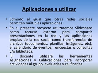 Aplicaciones a utilizar
• Edmodo al igual que otras redes sociales
  permiten múltiples aplicaciones.
• En el presente proyecto utilizaremos Slideshare
  como recurso externo para compartir
  presentaciones en la red y las aplicaciones
  propias de la red social como transferencias de
  archivos (documentos, planillas, imágenes, etc),
  el calendario de eventos, encuestas o consultas
  y/o biblioteca.
• El     docente     utilizará   las     herramientas
  Asignaciones y Calificaciones para incorporar
  actividades al grupo, evaluarlas y calificarlas.
 