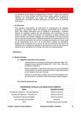 los diámetros de los cables de categoría 6A o 7/Clase F. Todos estos factores
derivan en un hecho simple: entre más tiempo pueda soportar la planta de
cableado las necesidades que surgen sin necesidad de modernizarla,
reemplazarla o de realizar pruebas adicionales; el costo total de la propiedad
será menor.
En Resumen
Para aquellos responsables de seleccionar la infraestructura de cableado
apropiada y que desean aplicar las premisas mencionadas por al menos 5
años, este análisis demuestra que la Categoría 6 Aumentada o cualquier
sistema de cableado superior son las soluciones más económicas ya que
ofrecen un sólido retorno de inversión. No solamente se debe considerar los
costos iniciales, sino también cualquier otro costo posterior en el que se pueda
incurrir. Hay que recordar que el cableado representa únicamente entre el 5 y el
7% del total de la inversión de una red. Se espera que supere a la mayor parte
de los componentes de la red y es el más difícil y costoso de reemplazar.
Existen pocas inversiones en la red en las que se economice más que en la
instalación de un sistema de cableado lo que produce un ciclo de vida corto que
requerirá de un reemplazo en un tiempo más corto de lo presupuestado.
CAPITULO 3
3.- Requerimientos.-
3.1. Objetivos específicos del proyecto:
– Implementación de cableado estructurado utilizando cable UTP
categoría 6 para las Aulas Virtuales 301 – 302 – 303 – 304 de la
Facultad de Ingeniería.
– Brindar estabilidad y mejor ancho de banda con una conectividad
ininterrumpida de servicio de Internet para el mejor desempeño
de las clases en las Aulas Virtuales.
– Verificar la conectividad y testear los puntos del Patchpanel con
las tomas de los conectores Jacks de las cajas outlets faceplate .
3.2. Lista de usuario de red:
UNIVERSIDAD CATÓLICA LOS ÁNGELES DE CHIMBOTE
ÁREA USUARIO DE RED
Facultad de Ingeniería – Escuela Sistemas Todos los alumnos
Facultad de Ingeniería – Escuela Civil Todos los alumnos
Facultad de Ciencias Contables Todos los alumnos
Las 3 Escuelas mencionadas Docentes
DITE Monitores de las aulas virtuales
Castillo Catturini Carlos Alberto © Proyecto de Redes - Uladech 15
 
