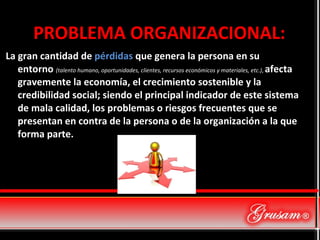 PROBLEMA ORGANIZACIONAL:  La gran cantidad de  pérdidas  que genera la persona en su entorno  (talento humano, oportunidades, clientes, recursos económicos y materiales, etc.) ,  afecta gravemente la economía, el crecimiento sostenible y la credibilidad social; siendo el principal indicador de este sistema de mala calidad, los problemas o riesgos frecuentes que se presentan en contra de la persona o de la organización a la que forma parte. 